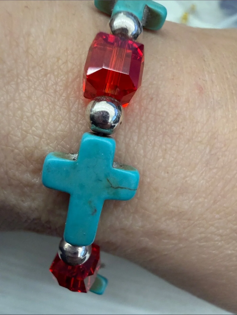 Sterling silver Turquoise Cross Bracelet with Red Crystal Accents